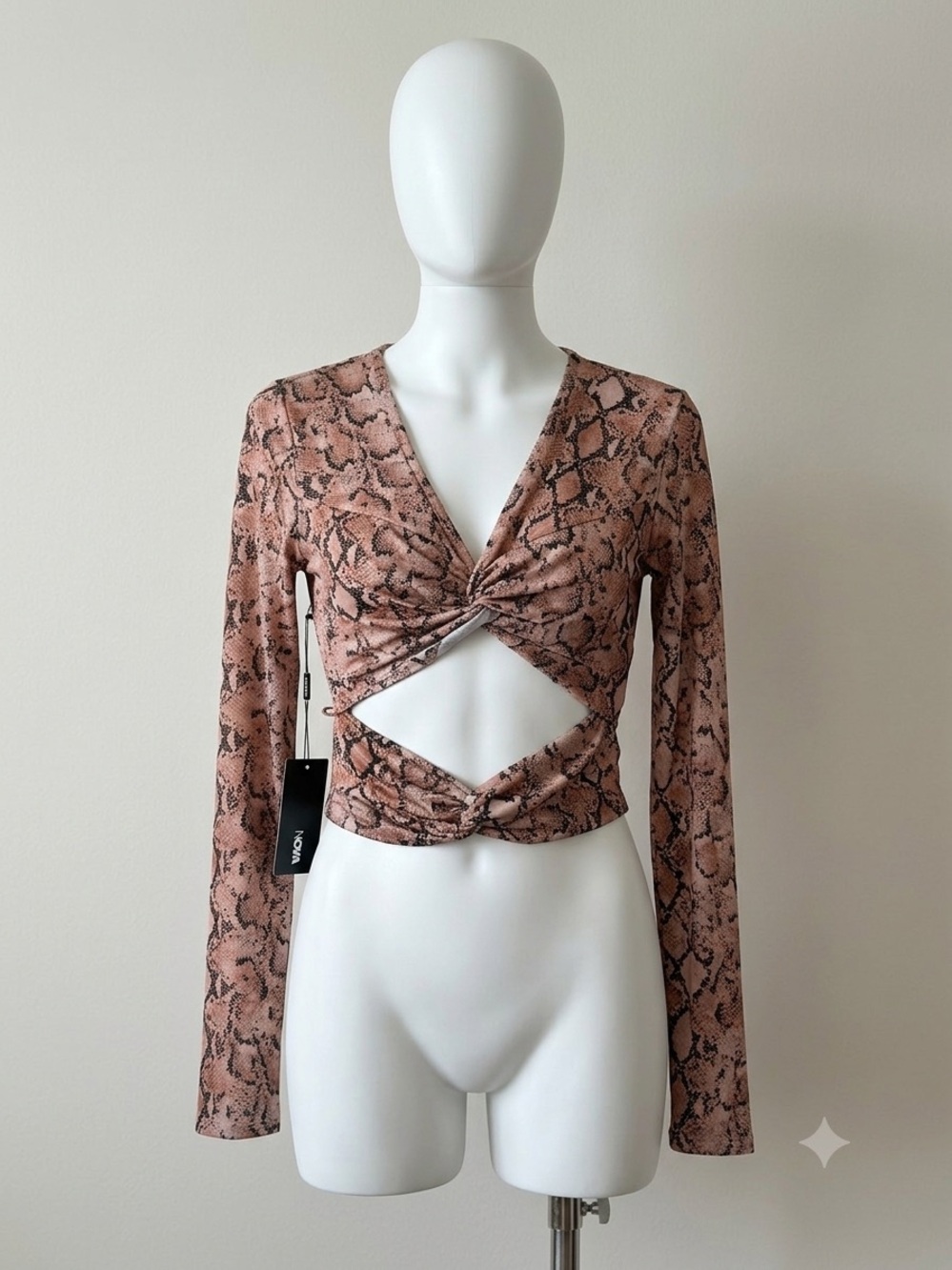 NBD brwon Snake-Print Twist Cutout Long-Sleeve Top